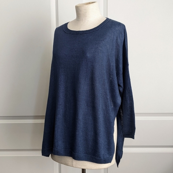 360 Sweater 100% Linen Lightweight Woven Star 3/4 Sleeve Blue White Star M NWT - Picture 13 of 16